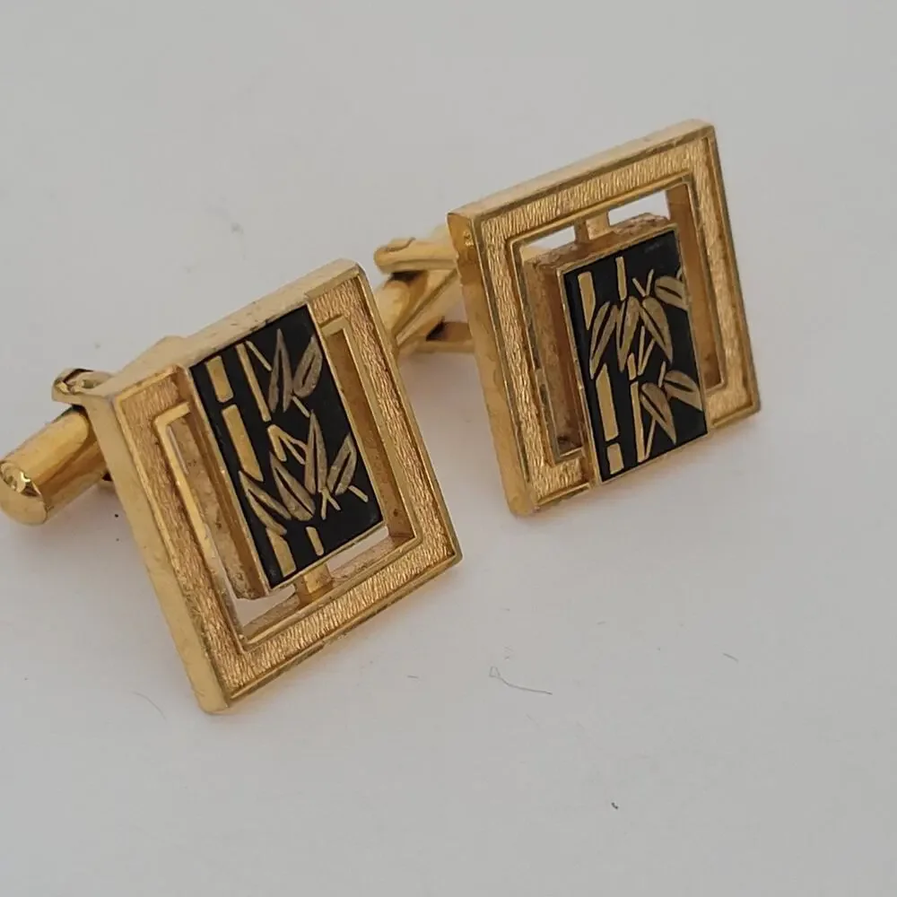 Japanese Damascene Gold Black Etched Painted Cufflinks Vintage Square